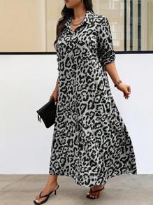 Breezaya Plus Size Leopard Print Button Front Long Shirt Dress For Vacation & Casual Wear Maxi Women Outfit Fall Cloth For Women - Multicolor - View 3