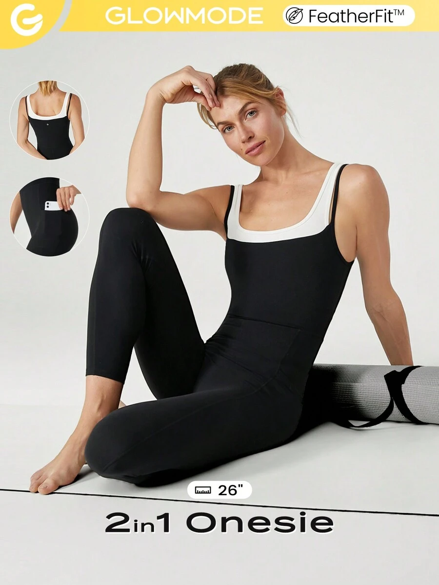 GLOWMODE 26 英寸 FeatherFit™ 二合一对比肩带连体衣，带侧袋，低冲击瑜伽日常可拆卸罩杯 - 黑色 - 查看 1