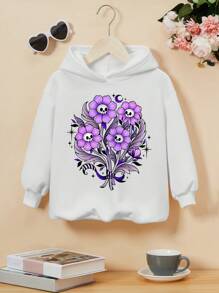 texdoodles Artist Young Girl Cute Kawaii Skull Bouquet Design Thickened White Hooded Sweatshirt, Suitable For Holiday, Spring, Workout