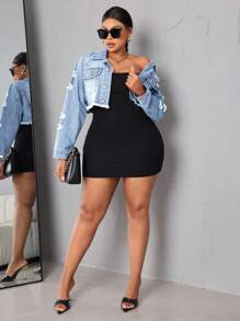 SHEIN SXY Veste en jean déchirée à manches longues avec boutons devant et garniture effilochée, grande taille