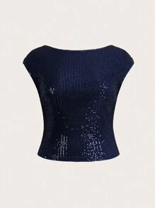 SHEIN Essnce Áo dự tiệc cỡ lớn cho nữ, áo đính sequin, trang phục nữ thanh lịch, áo corset màu xanh gợi cảm, áo dự tiệc cho nữ đi xem hòa nhạc. - Xanh đậm - Xem 4
