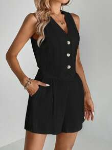 SHEIN Tall Solid Color Casual Vest Shorts Suit - Black - View 4