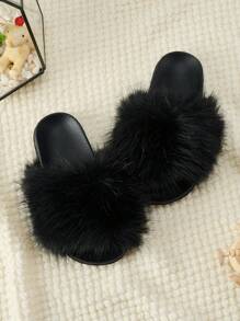 Girls Comfortable & Fashionable Plush Slippers, Summer - Black - View 4