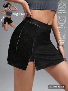 Innovista Innovista Side Split Denim Effect Sports Skirts Shorts, Y3K Workout Biker Spandex Athletic Black Mini Skirt, Festival Fall Jean Skirt For Girls - Black - View 6