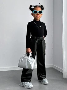 Young Girl Plain Color Elastic Waist PU Leather Utility Pockets Loose Casual Pants - Black - View 7