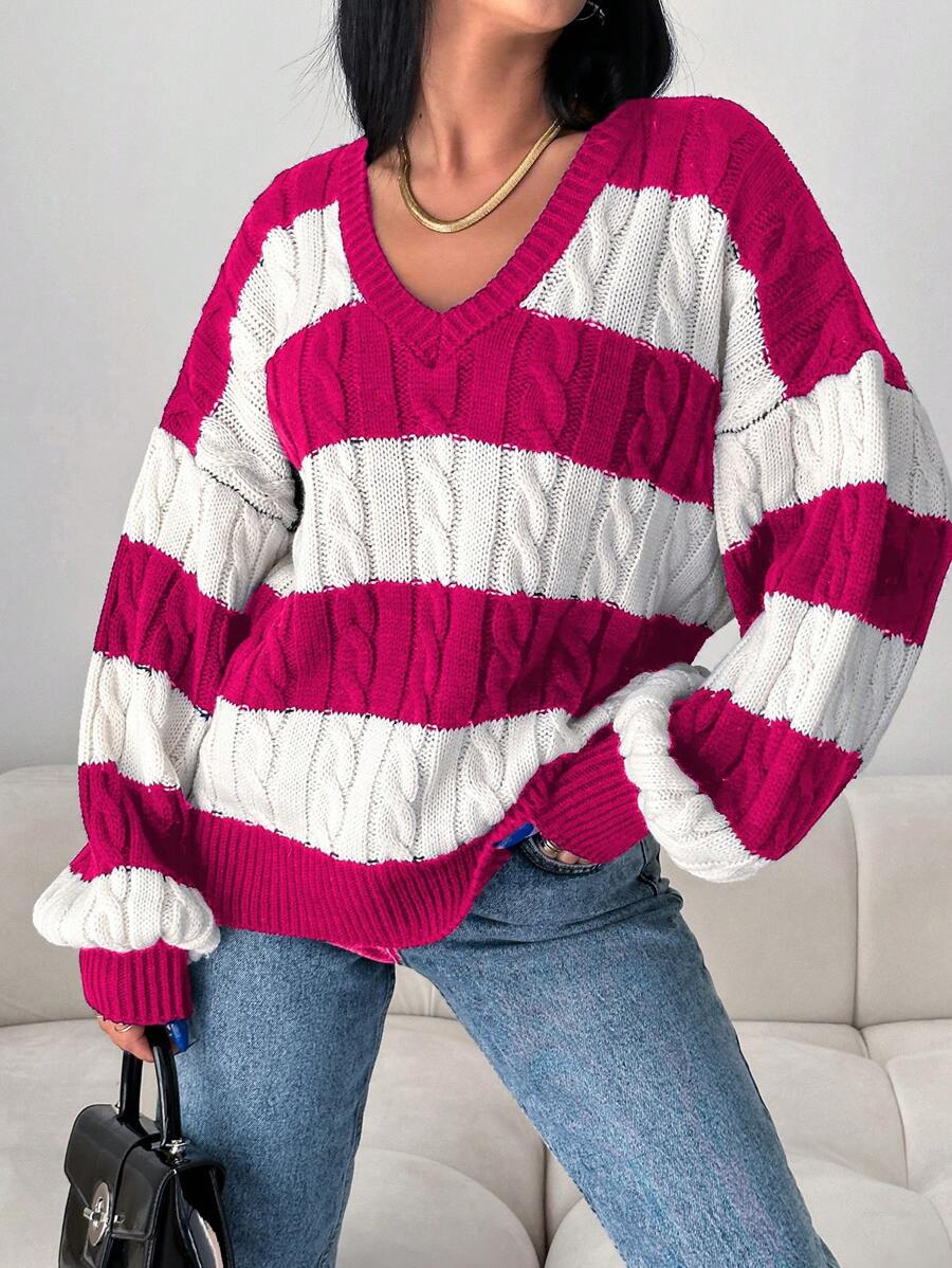 RueChic 女式棉质拼色针织毛衣，休闲风格，秋冬 - 玫紅色 - 查看 1