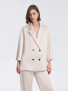 Textured Loose Solid Double Breasted Blazer Jacket And Pants Suit With Pockets, Elegant - Beige - View 4