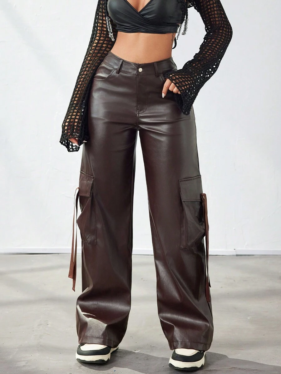 Apperloth A Street Style Flap Pocket Side Tape PU Leather Wide Leg Cargo Pants - Brown - View 1