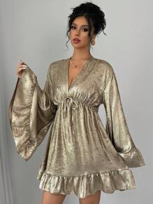 Chiquease Vestido de midi de manga campana con acabado metálico y escote en V para mujer, ropa para fiestas de Año Nuevo y primavera/otoño - Dorado - Ver 6