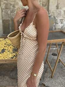 SHEIN SXY 女士全印花细肩带正面系带荷叶边下摆迷你连衣裙 - 杏色 - 查看 4