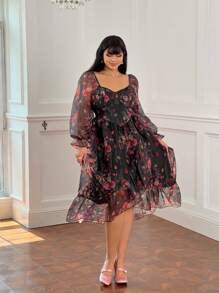Lyrianda Plus-Size Elegant Floral Print Long Sleeve Dress, Spring & Fall