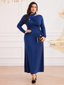 Modelyn Sukienka Plus Size Elegancka Jednolita Kolorowa Asymetryczna Kołnierzyk, Wiosna/Jesień - Niebieski - Zobacz 2