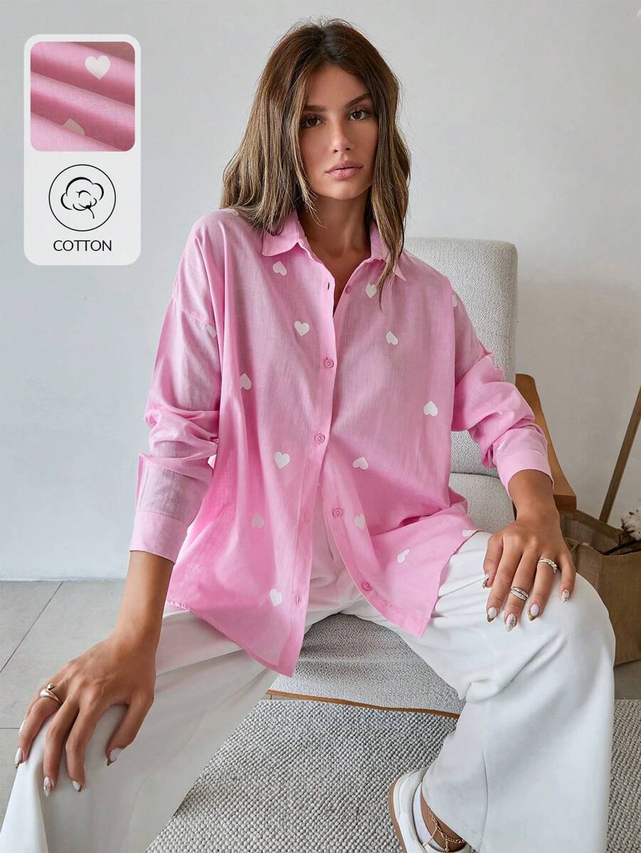 EURMUSE 100% Cotton HEART PATTERN LONG SLEEVE SHIRT