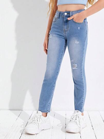 بناطيل جينز مصممة للبنات المراهقات بخصر مطاطي قابل للتعديل وخمسة جيوب ذات طراز شارع كاجوال, مصممة بطريقة عصرية مناسبة للارتداء طوال العام