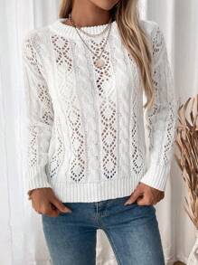 SHEIN LUNE 女士纯色镂空针织毛衣，春秋 - 白色 - 查看 4