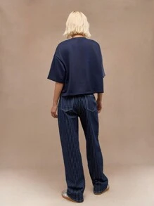 MISSGUIDED Pinstripe Straight Fit Jeans - Blue and White - View 2