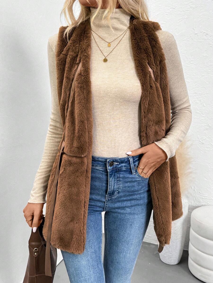 Chiquease Sleeveless Ribbons Elegant Fluffy Coat - Brown - View 1