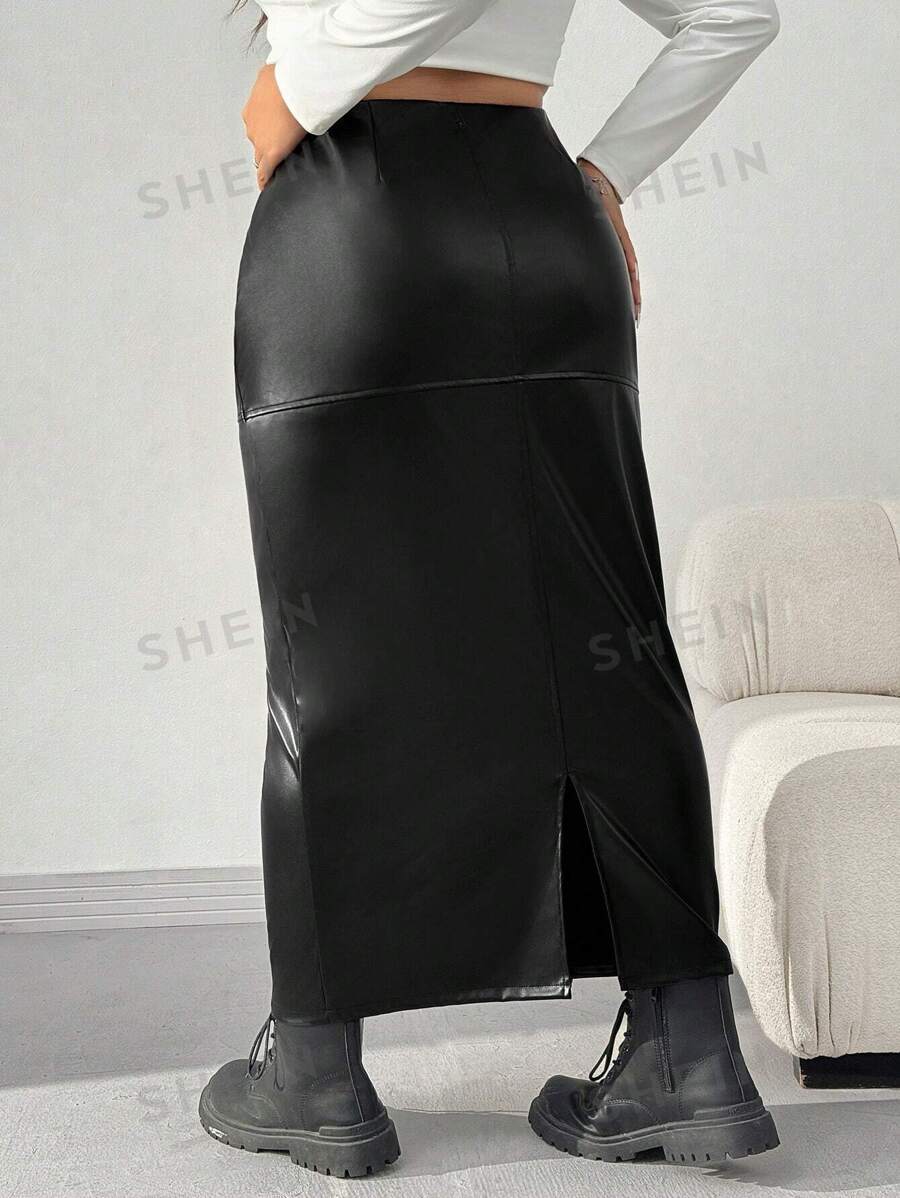 SHEIN EZwear Plus Size Solid Color Long Slit Skirt For Autumn & Winter