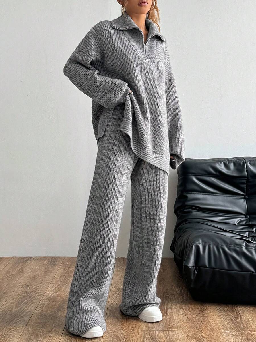 Flirla 2pcs Women's Solid Color Drop Shoulder Long Sleeve Zipper Mock Neck Loose Casual Sweater And Long Pants Set, Autumn & Winter Fall Cloth For Women - Grey - View 1