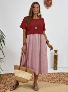 EMERY ROSE Vestido de verano de talla grande, vestido campestre de bloqueo de color con cuello redondo, manga corta, vestido de verano a rayas para mujer