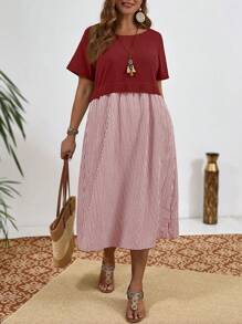 EMERY ROSE Vestido de verano de talla grande, vestido campestre de bloqueo de color con cuello redondo, manga corta, vestido de verano a rayas para mujer