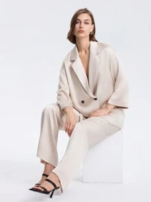 Textured Loose Solid Double Breasted Blazer Jacket And Pants Suit With Pockets, Elegant - Beige - View 6