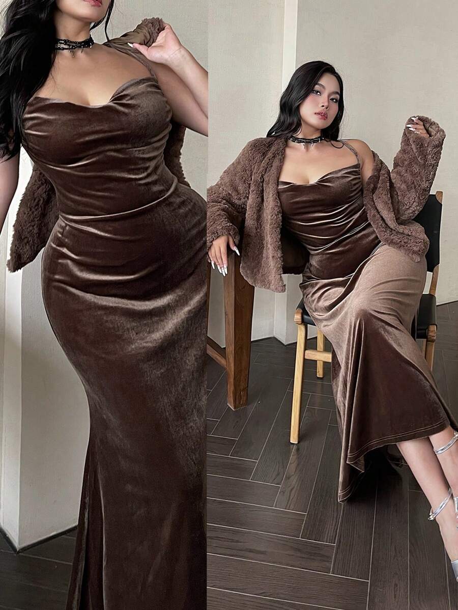SHEIN Clasi 2pcs Plus Size Plain Long Sleeve Plush Coat & Sleeveless Ruched Dress Elegant Set - Brown - View 1