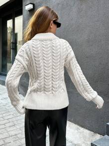 EURMUSE Casual Cable Knit Drop Shoulder Reverse Zip Detailed Cardigan - Apricot - View 2