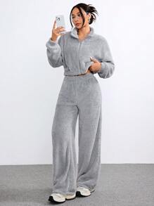 Muchica Women's Winter Streetwear Sherpa Fleece Zip Up Long Sleeve High Neck Coat& Pants Going Out Sets ,2pcs - Beige - View 5