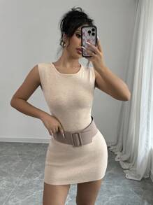 Chiquease Elegantes figurbetont geschnittenes Mini Strickkleid für Frühling & Herbst - Khaki - Übersicht 3
