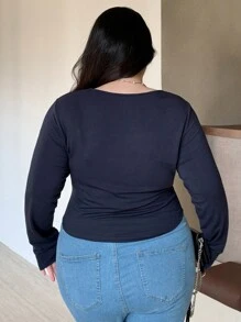 Dazy Plus Plus Size Solid Color Sweetheart Neck Slim-Fit Base Layer T-Shirt,Fall Clothes - Navy Blue - View 2