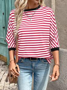 SHEIN LUNE Czarno-biała, w paski, patchworkowa, pomarańczowa, swobodna, uliczna koszulka z długim rękawem dla kobiet - Czerwony - Zobacz 4