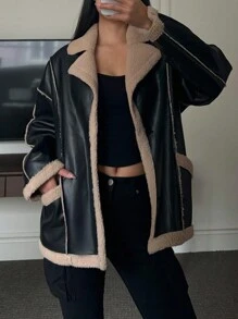 DAZY 女士蓬松拼接口袋长袖休闲抓绒外套，保暖内衬秋冬女式外套 - 棕色 - 查看 1