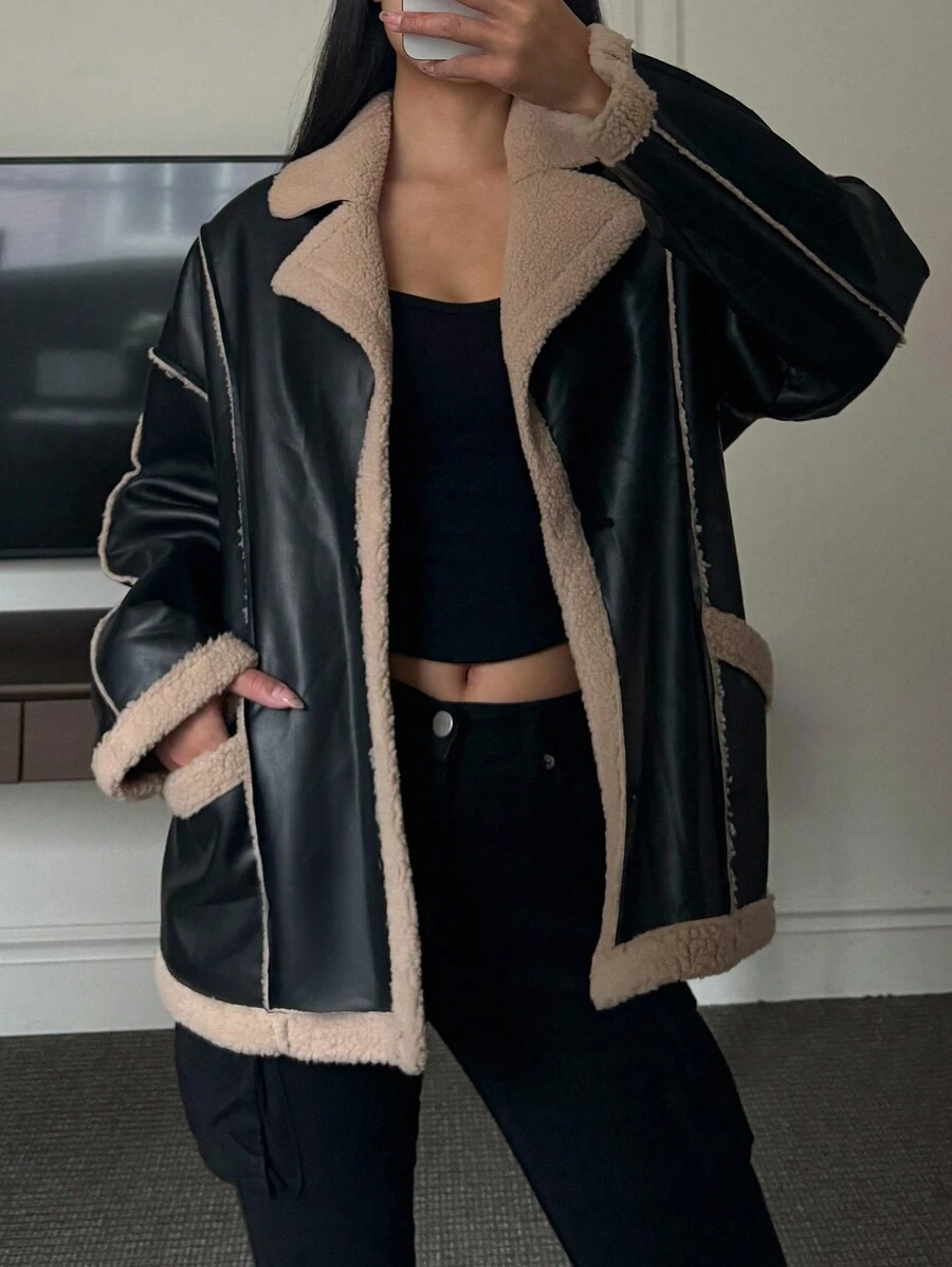 DAZY 女士蓬松拼接口袋长袖休闲抓绒外套，保暖内衬秋冬女式外套 - 棕色 - 查看 1