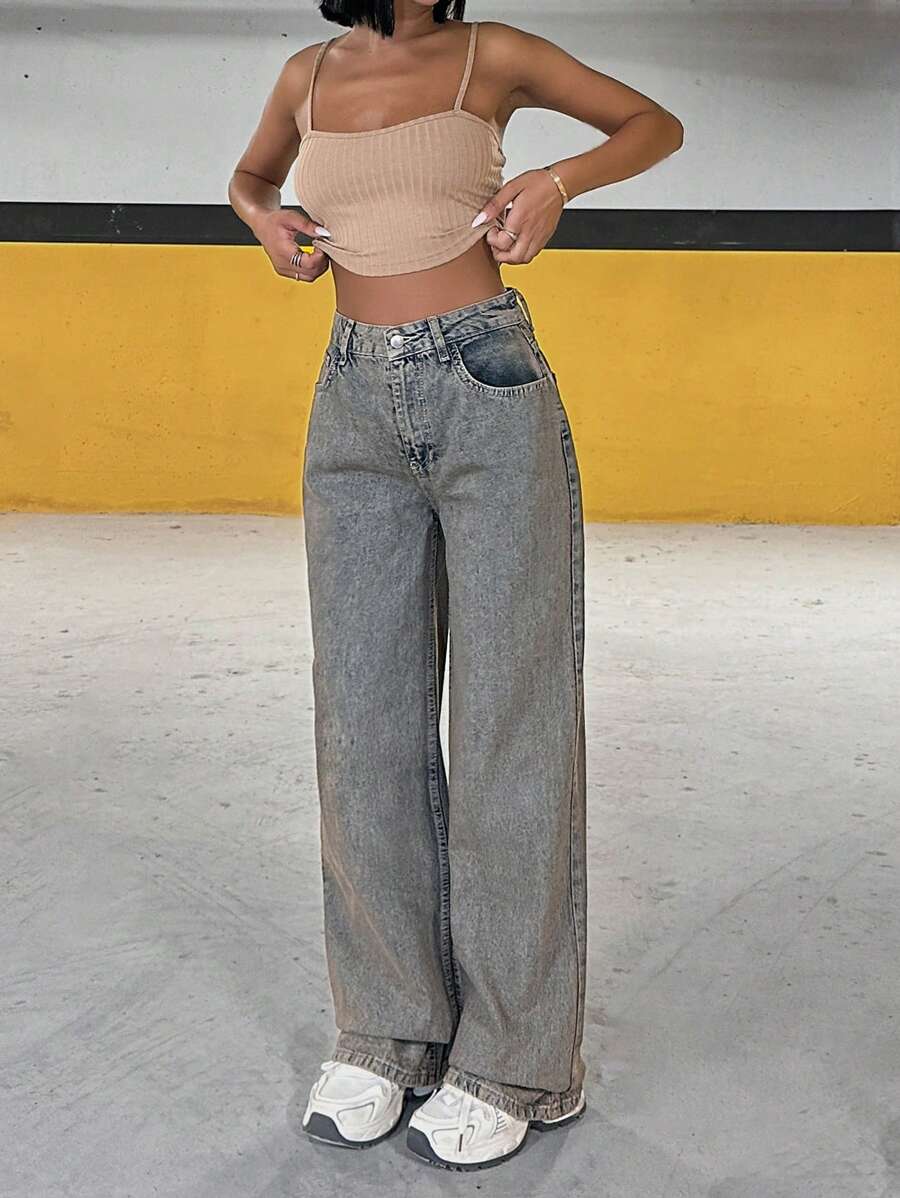 RueChic Calça jeans feminina solta com bolso e perna larga casual all-match - Lavagem Média - Ver 1