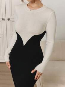 Modelyn Dames Herfst Elegante Colorblock Splice Getailleerde Trui Jurk