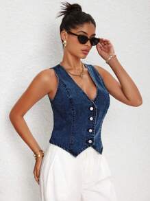 SHEIN Essnce 女式春夏单排扣 V 领休闲牛仔夹克 - 深色水洗藍 - 查看 5