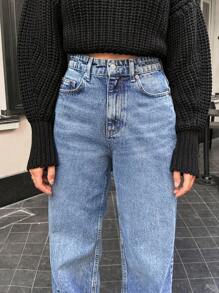 Cottnline 100% Cotton Women's Casual Loose Fitting Pocket Straight Leg Jeans - Biru - View 4