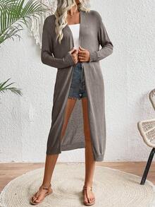SHEIN LUNE Simple Plain Long Sleeve Long Cardigan, Casual Daily Wear - Mocha Brown - View 6