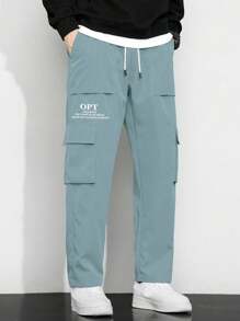 Manfinity Hypemode Men Loose Fit Slogan Graphic Flap Pocket Side Drawstring Waist Cargo Pants - Teal Blue - View 4