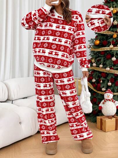 SHEIN 孕妇圣诞 2 件套加大码圣诞印花双面羊毛长袖连帽衫和运动裤套装，适合冬季