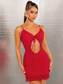 SHEIN SXY Vestido festivo com recorte de renda e guarnição de coelho feminino fantasia sexy mini saia vermelha feminina - Vermelho - Ver 6