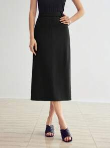 MOTF PREMIUM SOLID SPLIT BACK STRAIGHT SKIRT WITHOUT BELT - Black - View 3