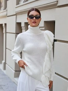 SHEIN Cottnline Women Big Ruffle Detailed Slim Fit Sweater - White - View 7