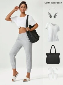 GLOWMODE 女士纯色松紧腰抽绳运动裤 - 淺灰色 - 查看 5