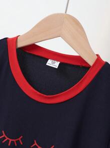 SHEIN Tween Girl 休闲睫毛印花拼色圆领长袖长款睡袍睡衣家居服 - 寶藍色 - 查看 8