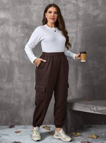 EMERY ROSE Quần dài đơn giản xếp ly túi màu trơn cỡ lớn, quần áo mùa thu cho nữ - màu nâu - Xem 5