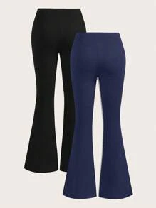 SHEIN EZwear 2pcs Women Crossover Waist Design Skinny Flared Casual Pants Set In Black & Blue, Suitable For Spring And Autumn Suitable For Going Out Women's Sportswear - Multicolor - View 2