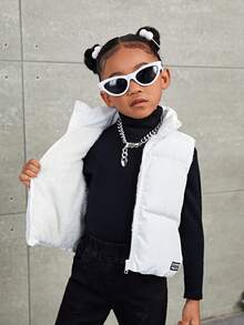 SHEIN Leap Crew Chaqueta acolchada sin mangas con cuello alto para niñas jóvenes, otoño (9), invierno (2), blanco - Blanco - Ver 6