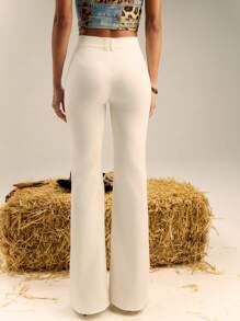 SHEIN Unity Double Belt Loop Detail Fitted Flared Trousers - White - View 2